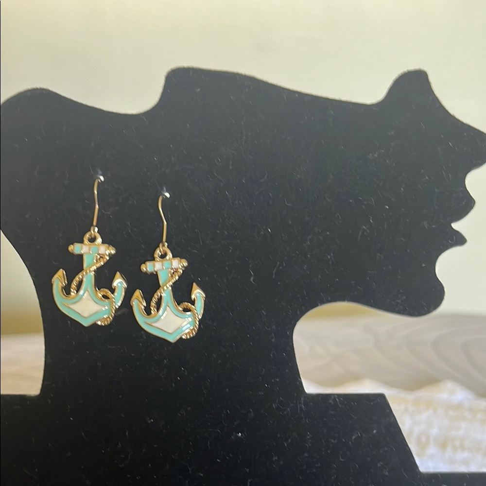 Gold, Turquoise with White  Anchor Earrings